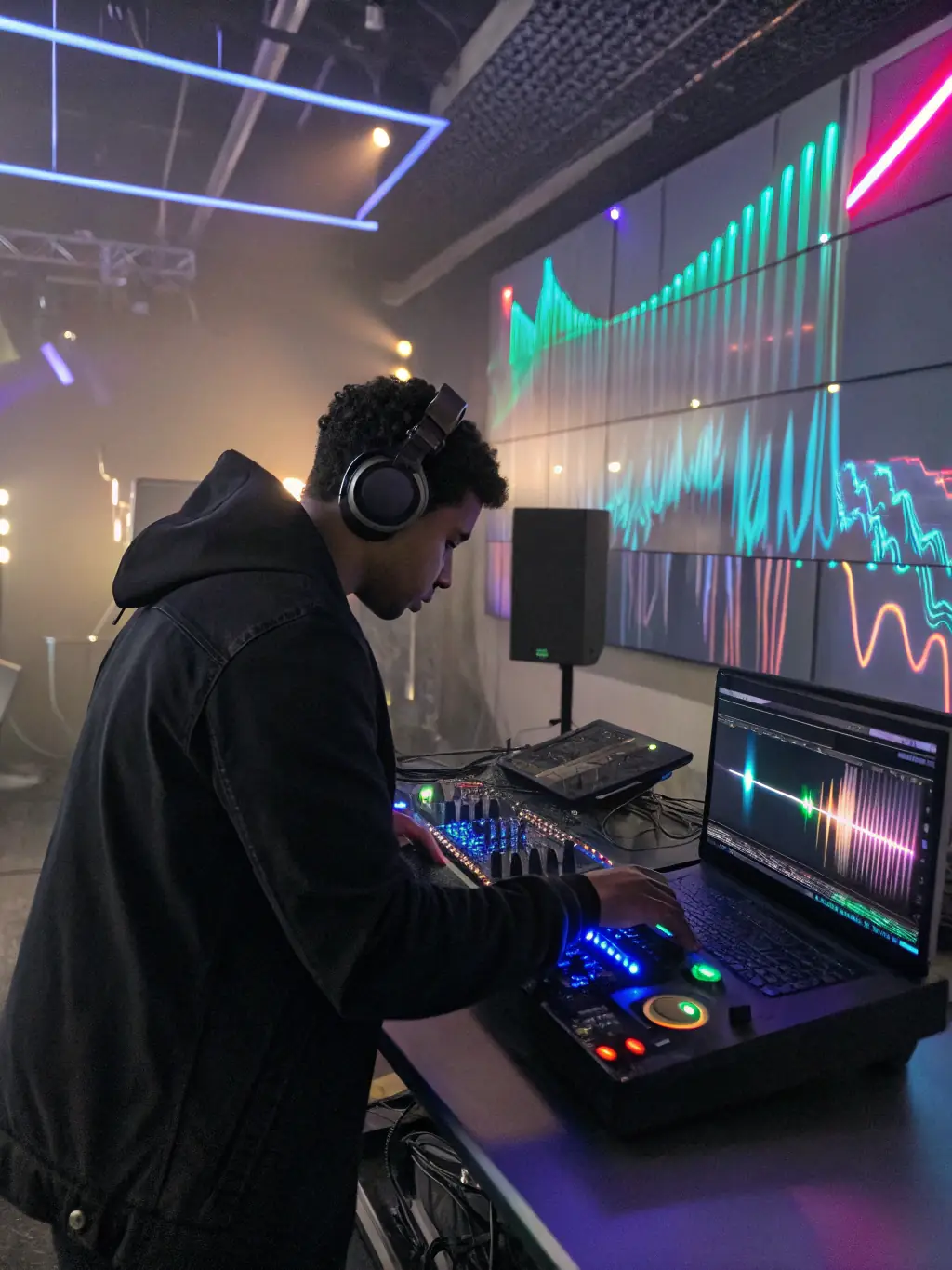 A DJ expertly mixing music at a corporate event, with professional lighting and sound equipment visible in the background, creating a vibrant atmosphere.
