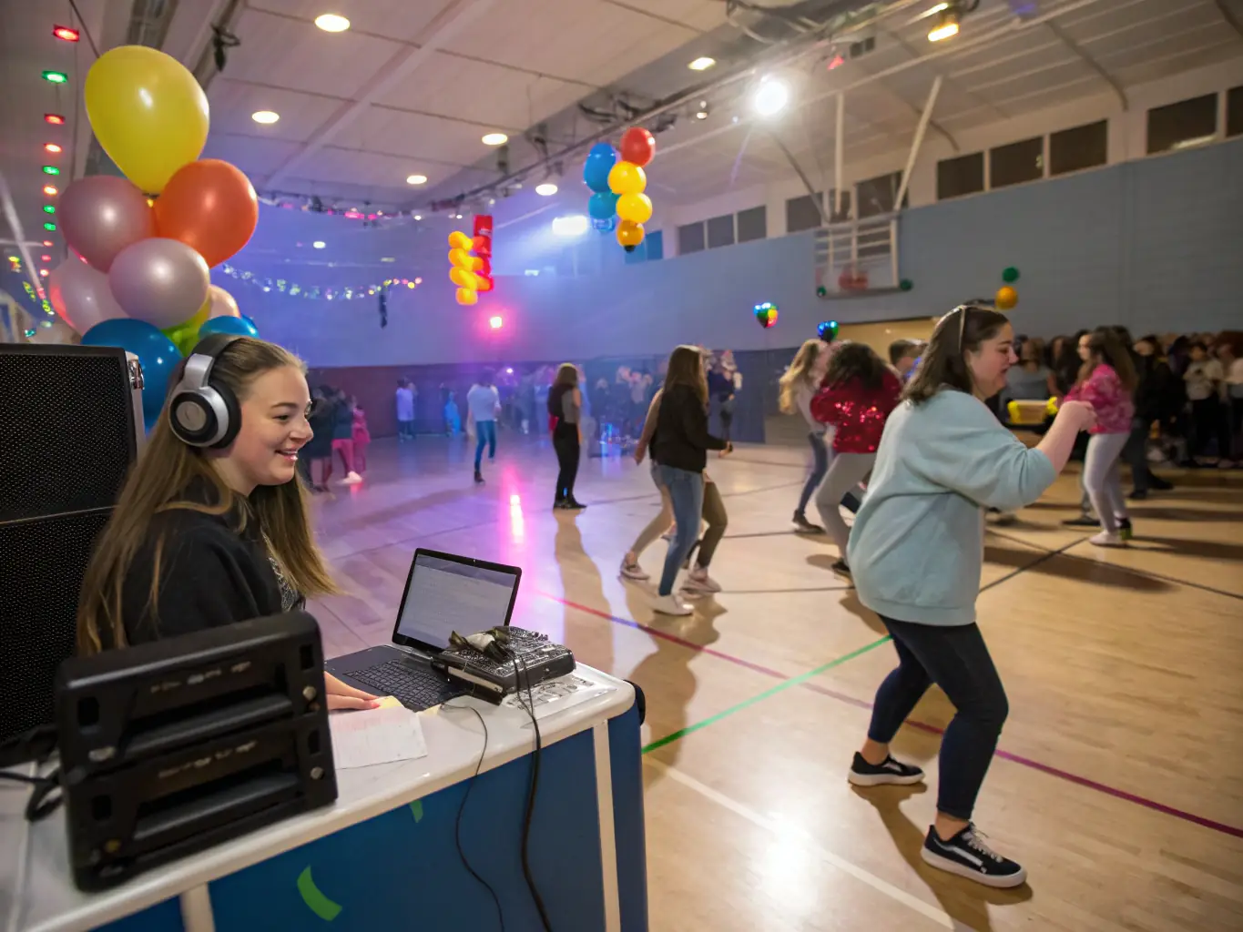 A dynamic image showcasing DJ VANCOUVER providing entertainment at a school event, with students actively participating and enjoying the music.
