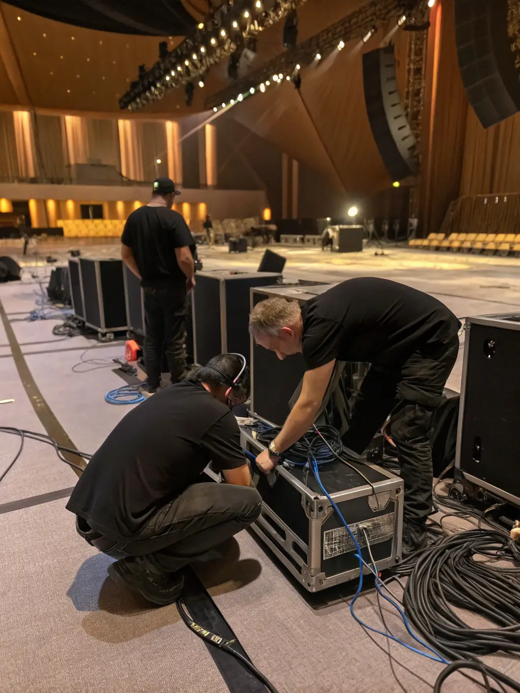 Sound and light technicians setting up equipment at a grand opening event, ensuring optimal audio and visual quality for the celebration.