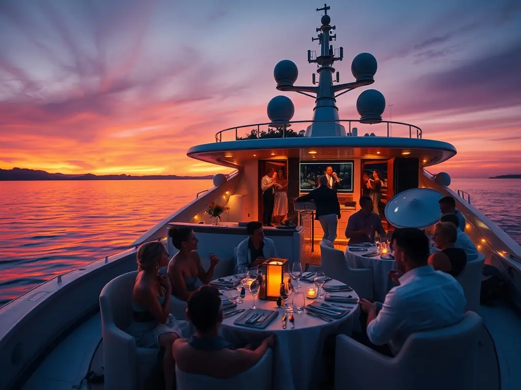 A scenic image of DJ VANCOUVER performing on a boat cruise, with guests enjoying the music and the beautiful Vancouver skyline in the background.