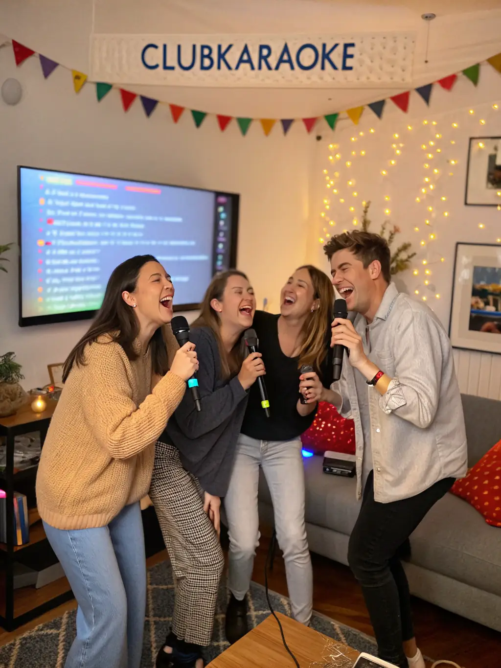 A group of people enthusiastically participating in a karaoke night, singing along with the lyrics displayed on a screen. The atmosphere is fun and engaging.
