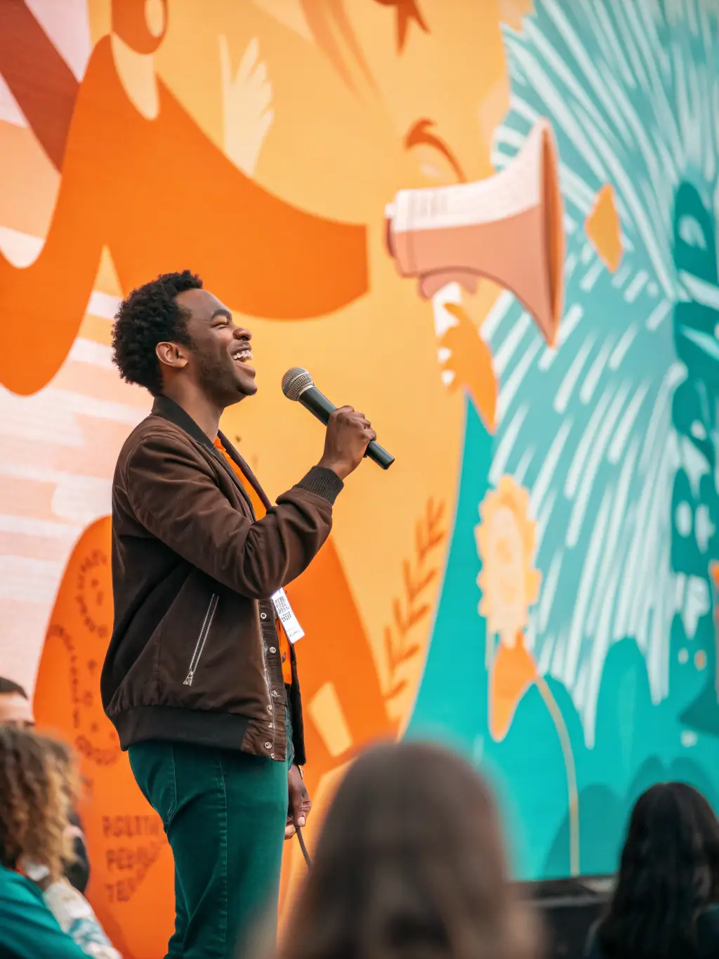 An emcee engaging with the audience at a fundraiser, using a microphone and stage presence to keep the event lively and entertaining.
