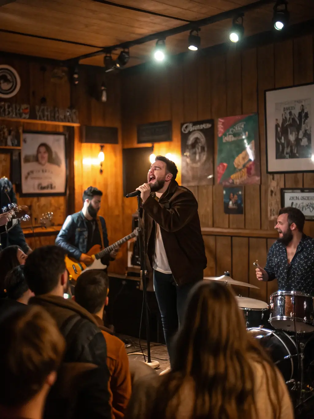 A live band performing at a fundraiser event, with attendees enjoying the music and donating to the cause. The stage is well-lit and the sound quality is excellent.